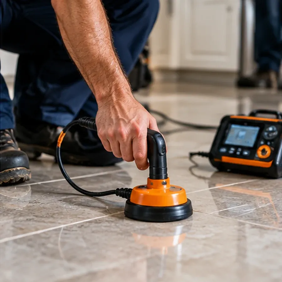 Acoustic ground sensor placed on a tile floor connected to a detector