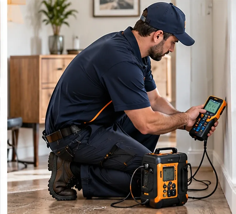 Technician kneeling beside a wall with an electronic leak detector and handheld meter