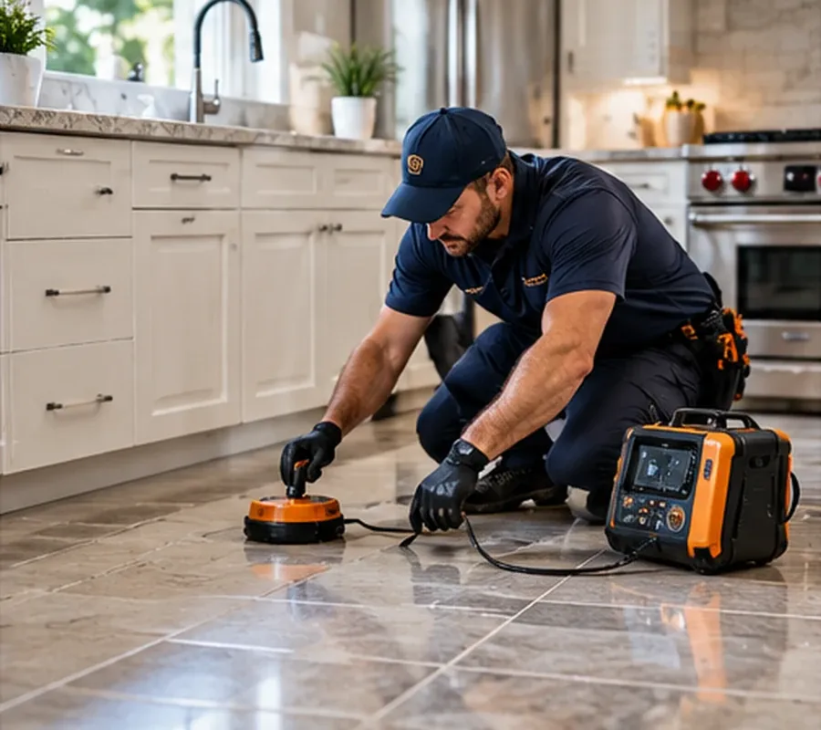 Leak detection technician kneeling on a kitchen tile floor with an acoustic ground sensor and detection unit