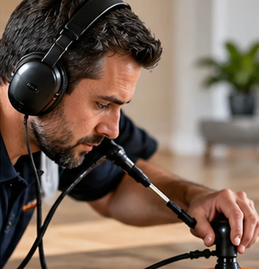 Technician wearing headphones and listening through an acoustic ground microphone on a tile floor